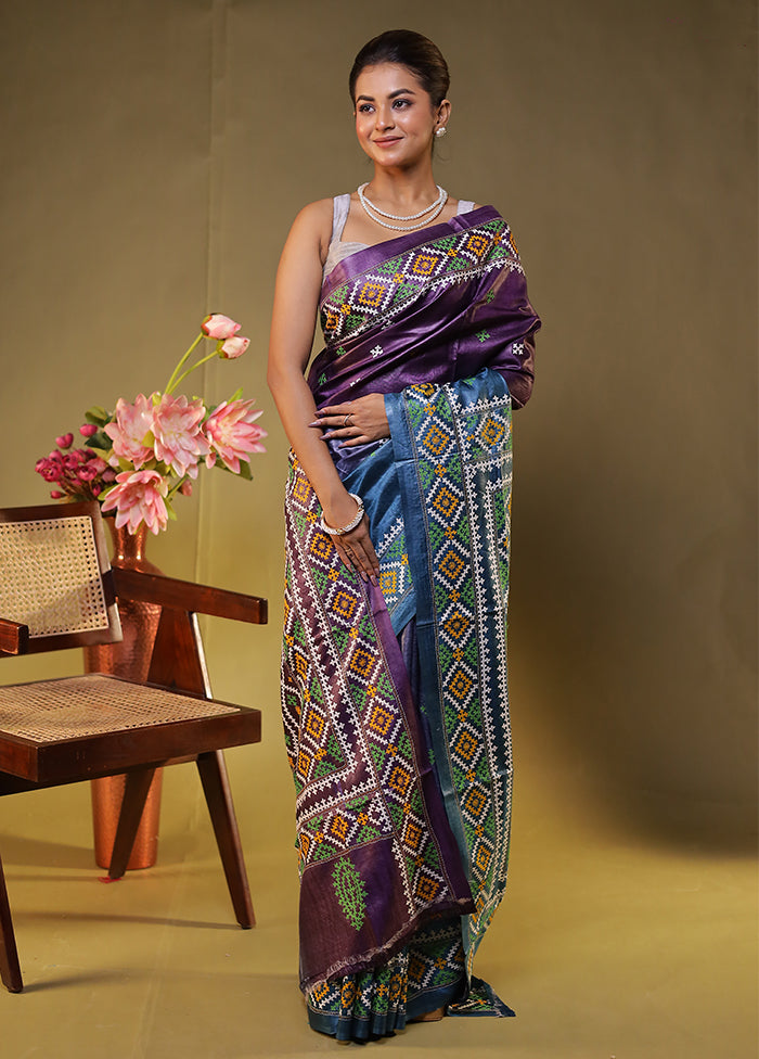 Multicolor Handloom Kantha Stitch Pure Silk Saree With Blouse Piece