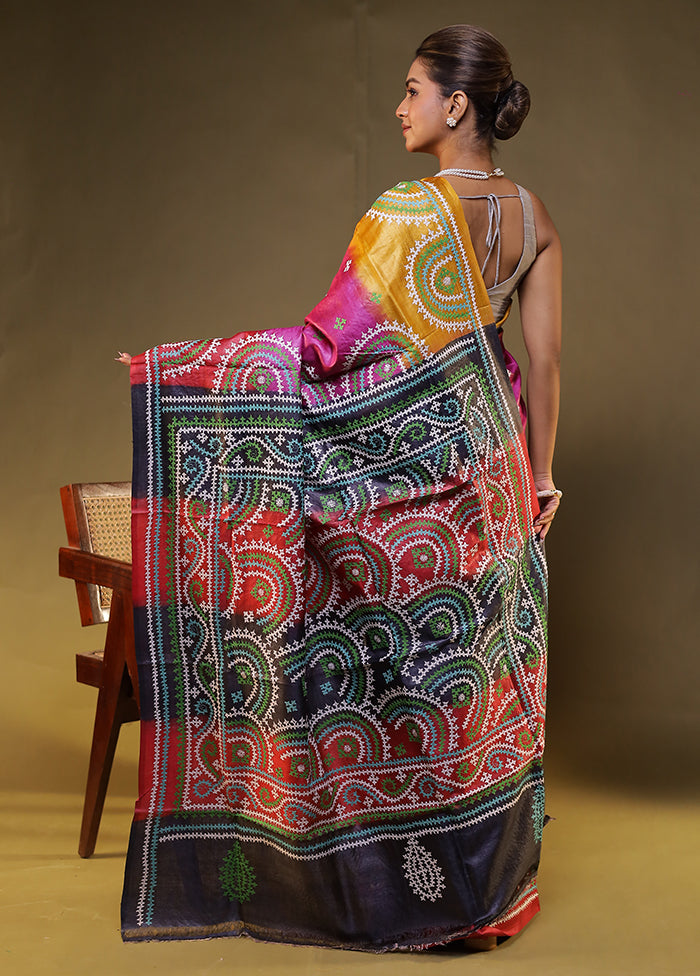 Multicolor Handloom Kantha Stitch Pure Silk Saree With Blouse Piece