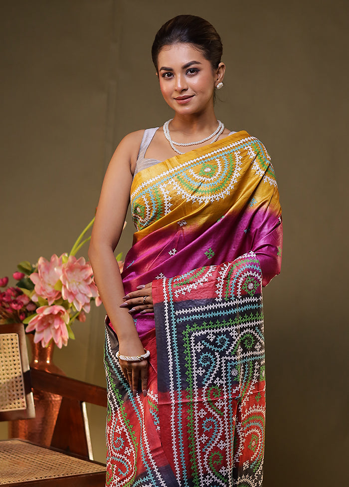 Multicolor Handloom Kantha Stitch Pure Silk Saree With Blouse Piece