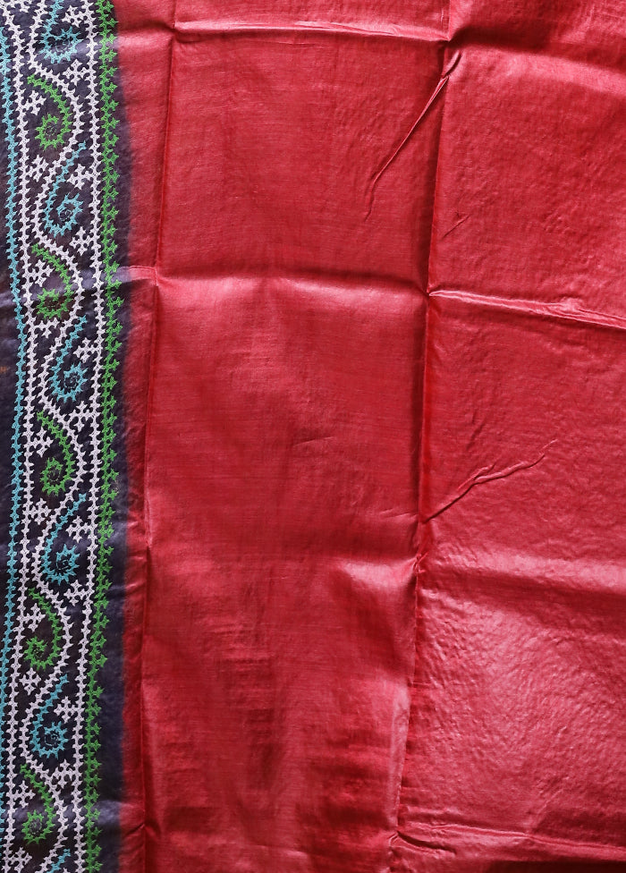 Multicolor Handloom Kantha Stitch Pure Silk Saree With Blouse Piece