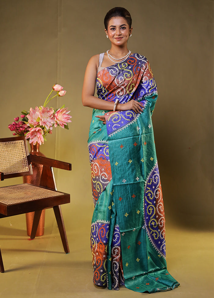 Multicolor Handloom Kantha Stitch Pure Silk Saree With Blouse Piece