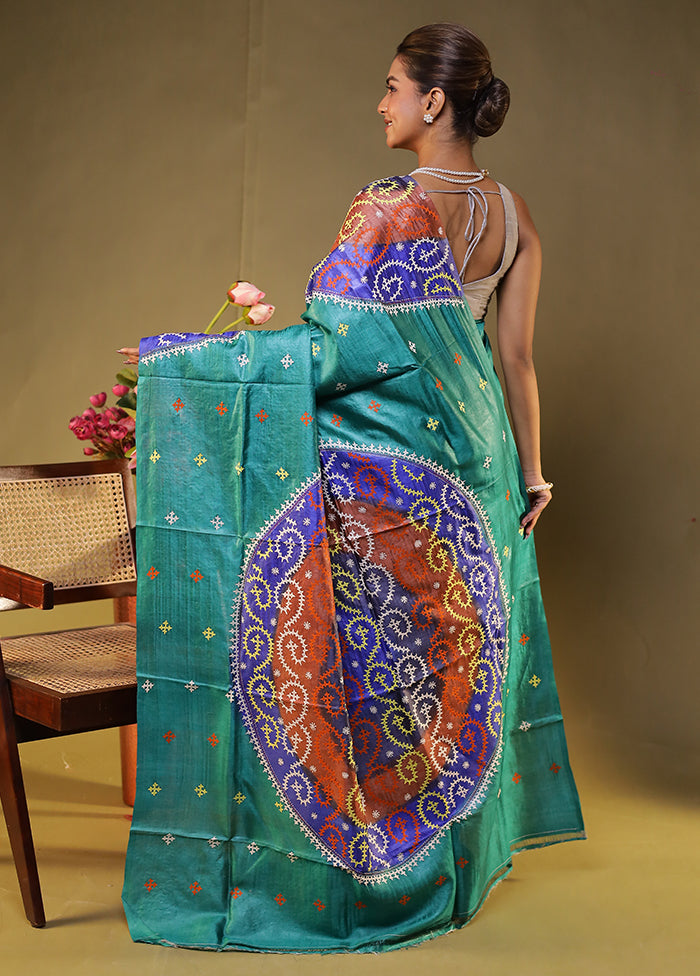 Multicolor Handloom Kantha Stitch Pure Silk Saree With Blouse Piece