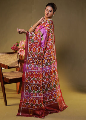 Multicolor Handloom Kantha Stitch Pure Silk Saree With Blouse Piece