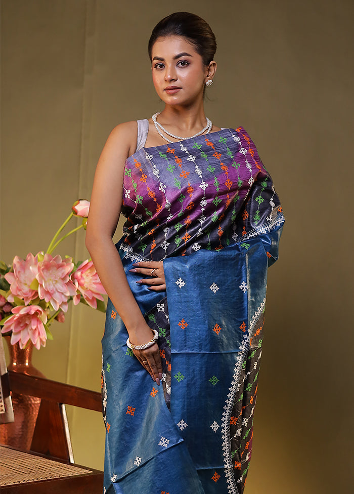 Multicolor Handloom Kantha Stitch Pure Silk Saree With Blouse Piece
