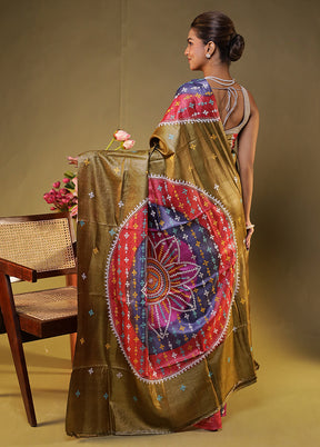 Multicolor Handloom Kantha Stitch Pure Silk Saree With Blouse Piece