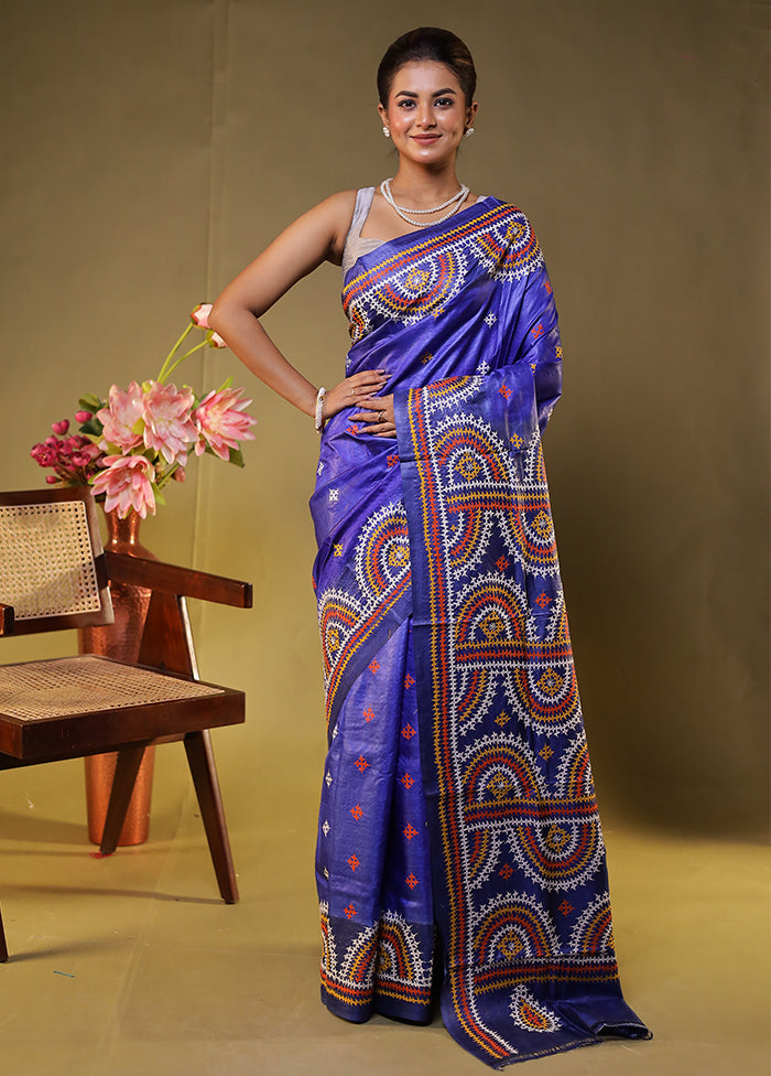 Blue Handloom Kantha Stitch Pure Silk Saree With Blouse Piece