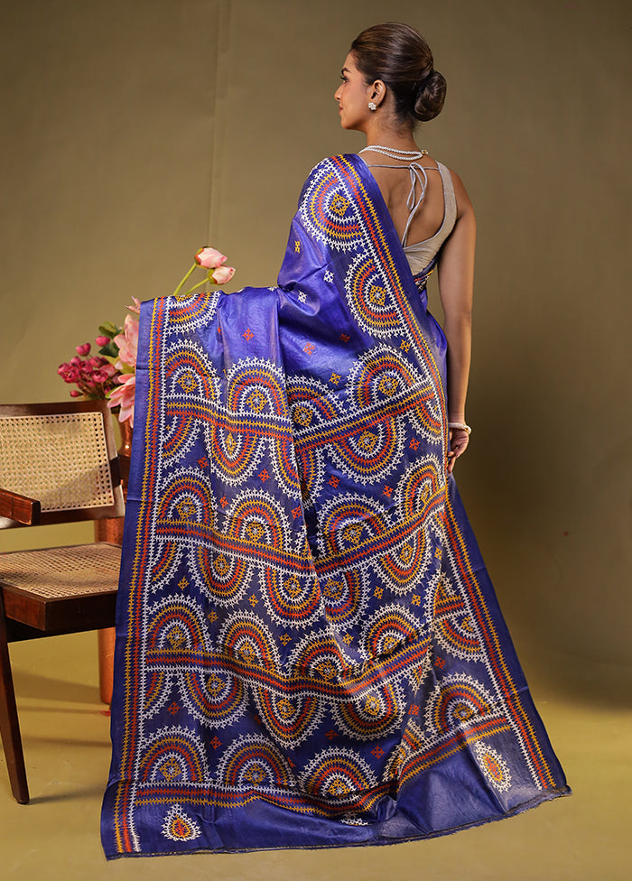 Blue Handloom Kantha Stitch Pure Silk Saree With Blouse Piece