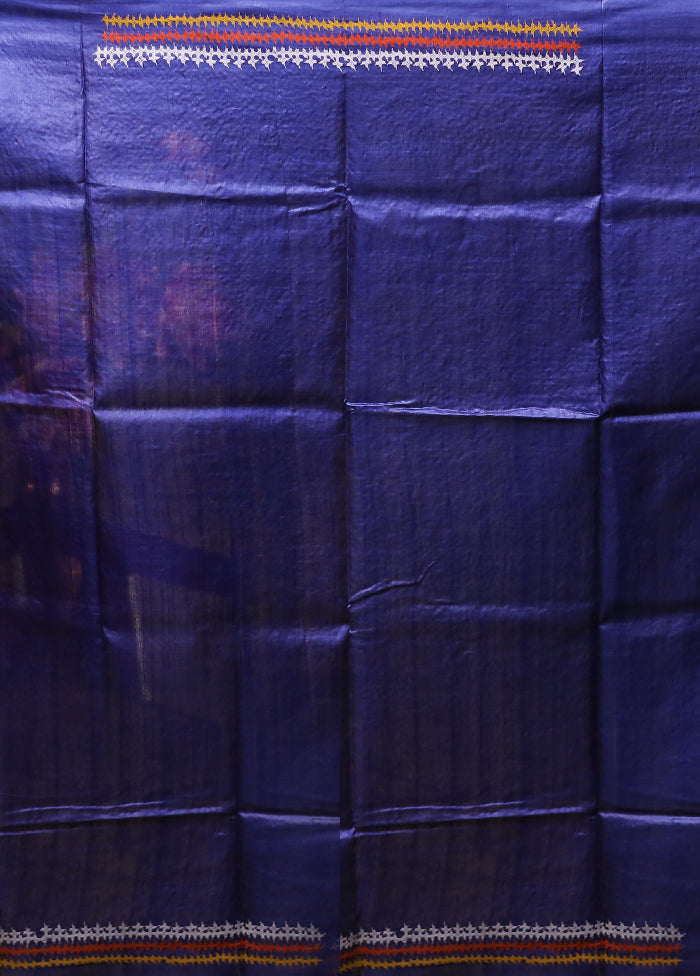 Blue Handloom Kantha Stitch Pure Silk Saree With Blouse Piece