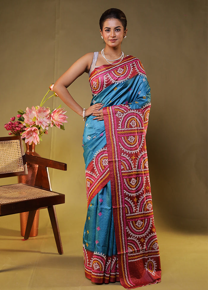 Maroon Handloom Kantha Stitch Pure Silk Saree With Blouse Piece