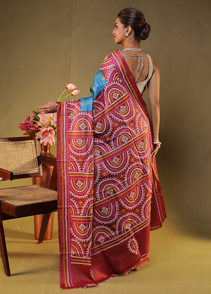 Maroon Handloom Kantha Stitch Pure Silk Saree With Blouse Piece
