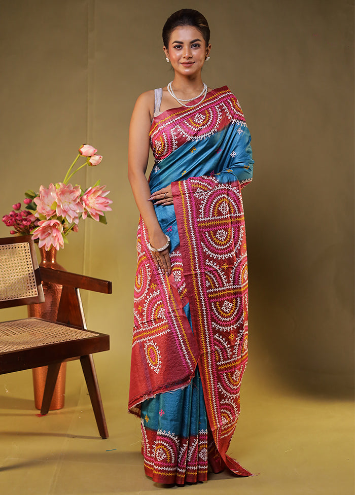 Maroon Handloom Kantha Stitch Pure Silk Saree With Blouse Piece