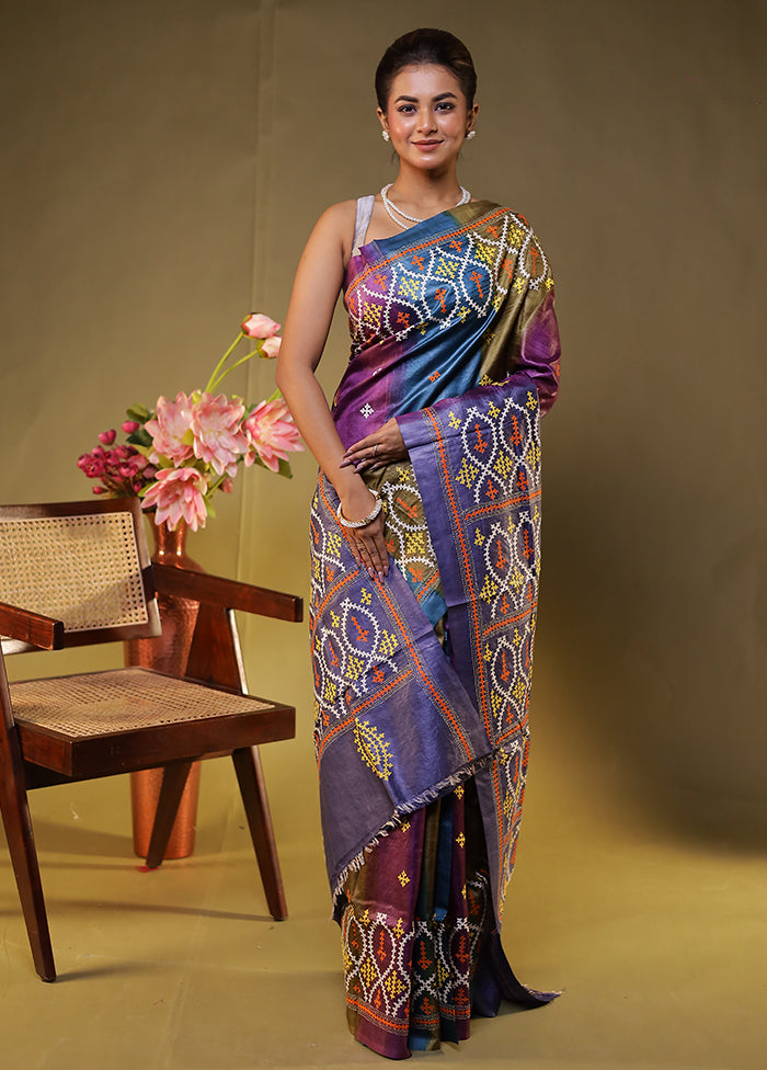 Blue Handloom Kantha Stitch Pure Silk Saree With Blouse Piece