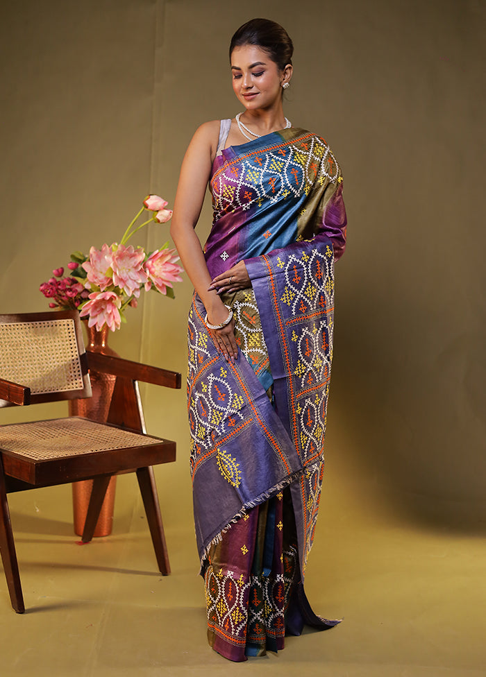 Blue Handloom Kantha Stitch Pure Silk Saree With Blouse Piece