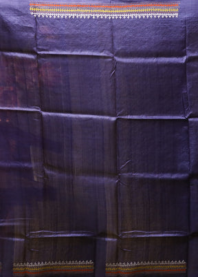 Blue Handloom Kantha Stitch Pure Silk Saree With Blouse Piece