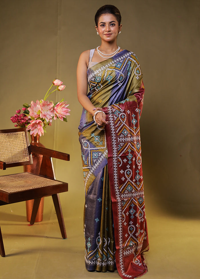 Maroon Handloom Kantha Stitch Pure Silk Saree With Blouse Piece