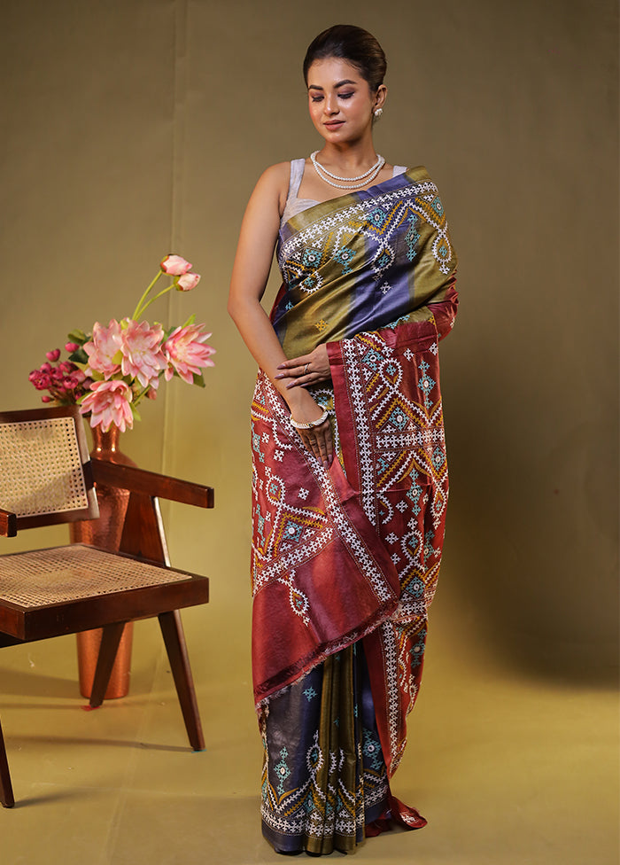Maroon Handloom Kantha Stitch Pure Silk Saree With Blouse Piece