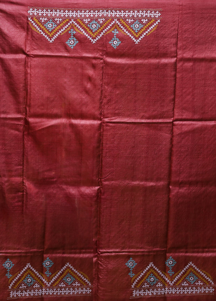 Maroon Handloom Kantha Stitch Pure Silk Saree With Blouse Piece