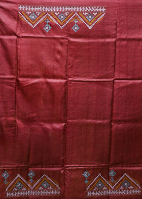 Maroon Handloom Kantha Stitch Pure Silk Saree With Blouse Piece