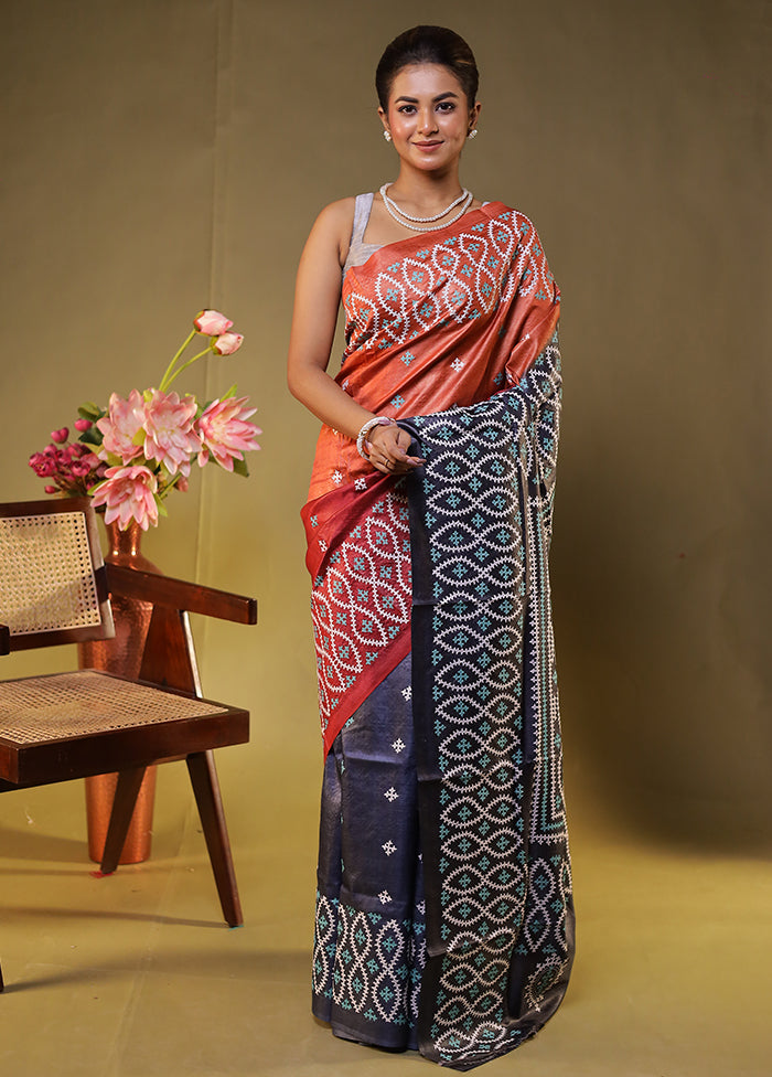 Grey Handloom Kantha Stitch Pure Silk Saree With Blouse Piece