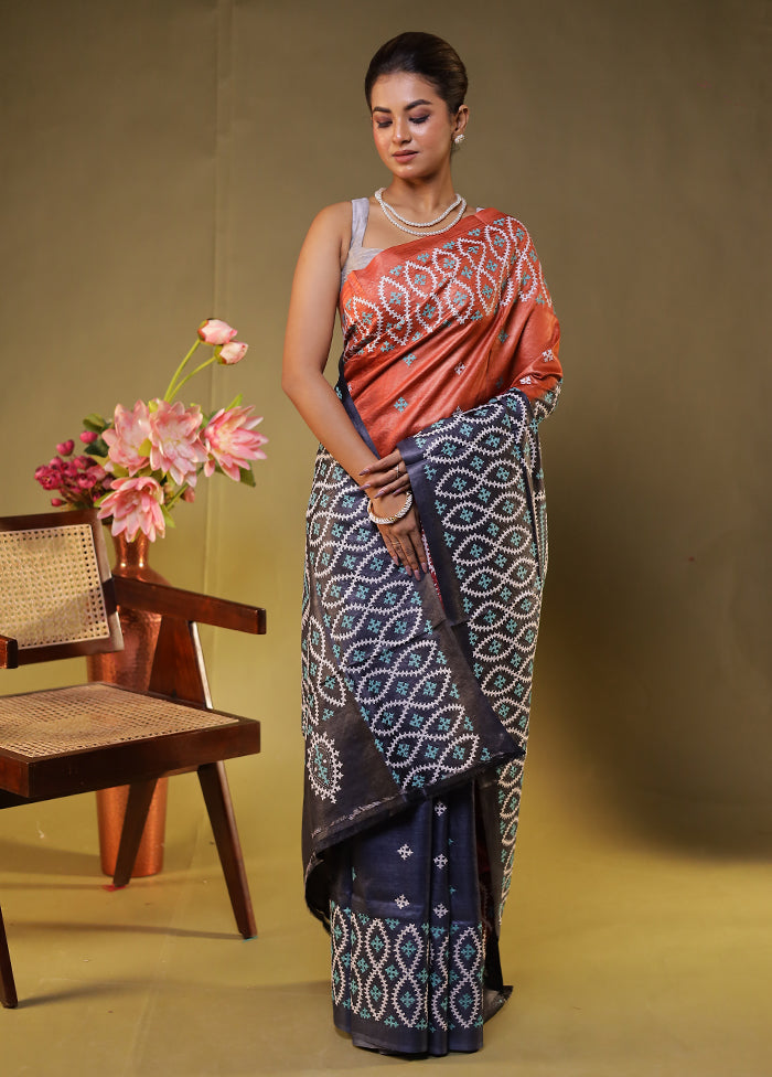 Grey Handloom Kantha Stitch Pure Silk Saree With Blouse Piece