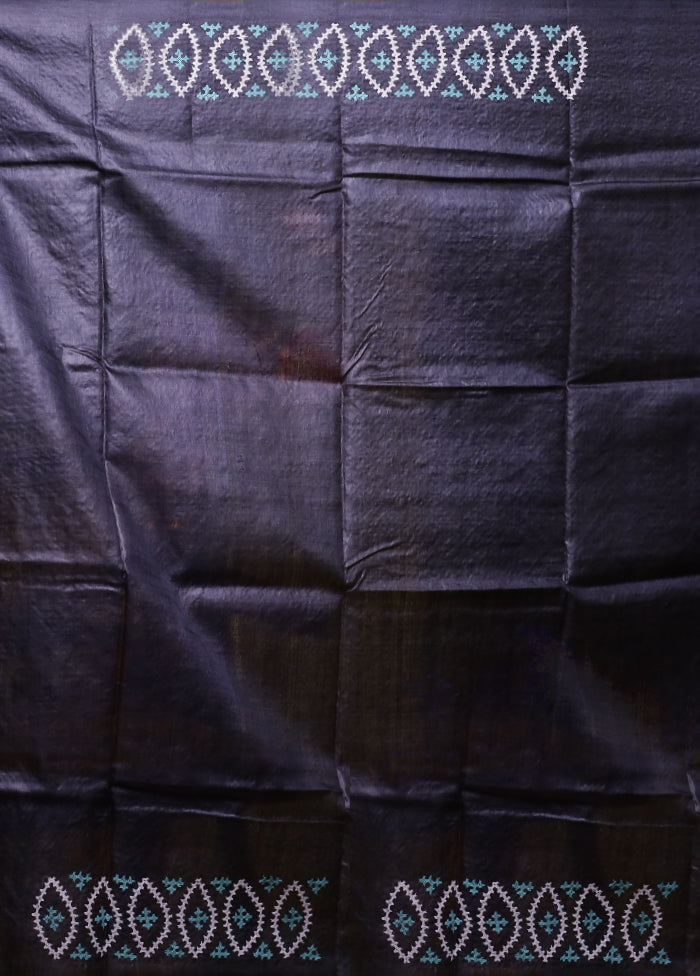 Grey Handloom Kantha Stitch Pure Silk Saree With Blouse Piece