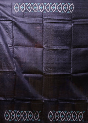 Grey Handloom Kantha Stitch Pure Silk Saree With Blouse Piece