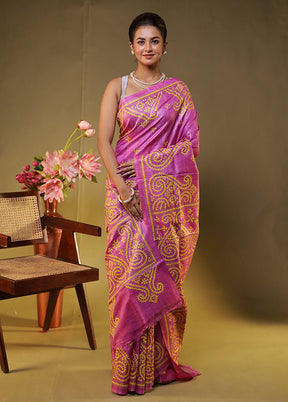Pink Handloom Kantha Stitch Pure Silk Saree With Blouse Piece