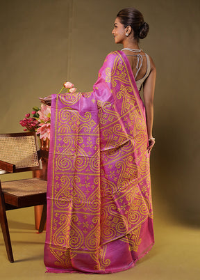 Pink Handloom Kantha Stitch Pure Silk Saree With Blouse Piece
