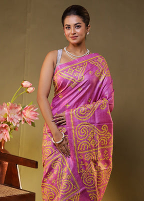Pink Handloom Kantha Stitch Pure Silk Saree With Blouse Piece