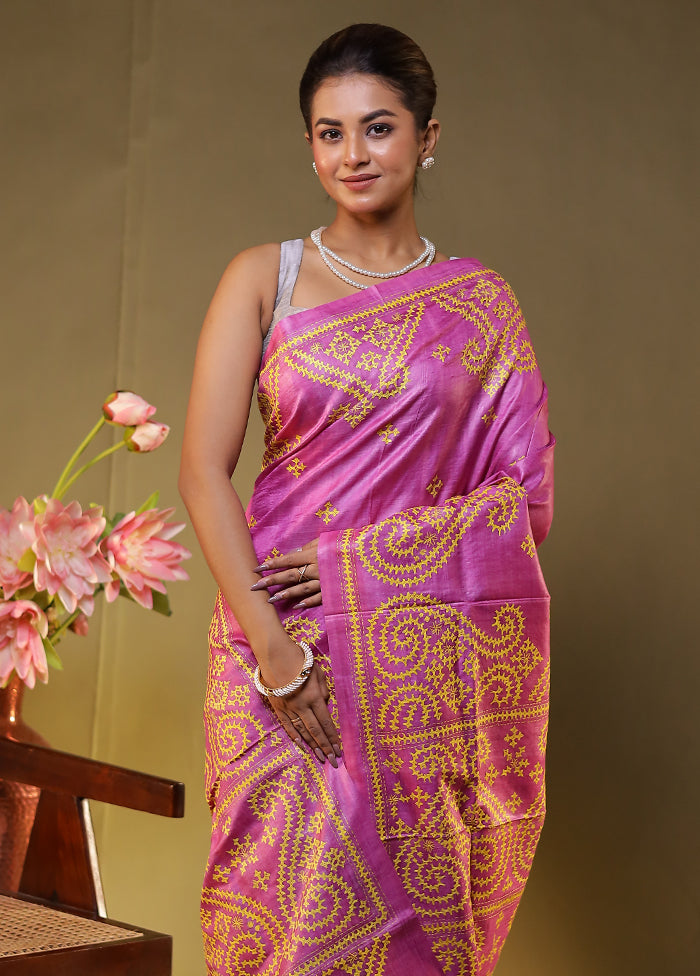 Pink Handloom Kantha Stitch Pure Silk Saree With Blouse Piece