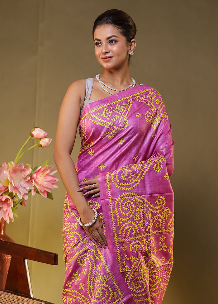 Pink Handloom Kantha Stitch Pure Silk Saree With Blouse Piece