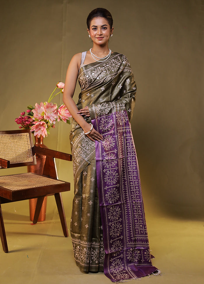 Purple Handloom Kantha Stitch Pure Silk Saree With Blouse Piece