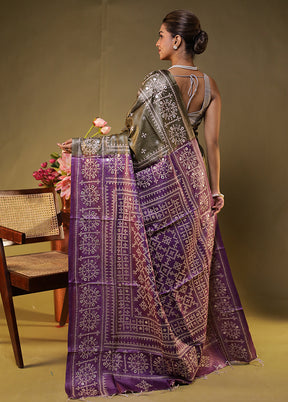 Purple Handloom Kantha Stitch Pure Silk Saree With Blouse Piece