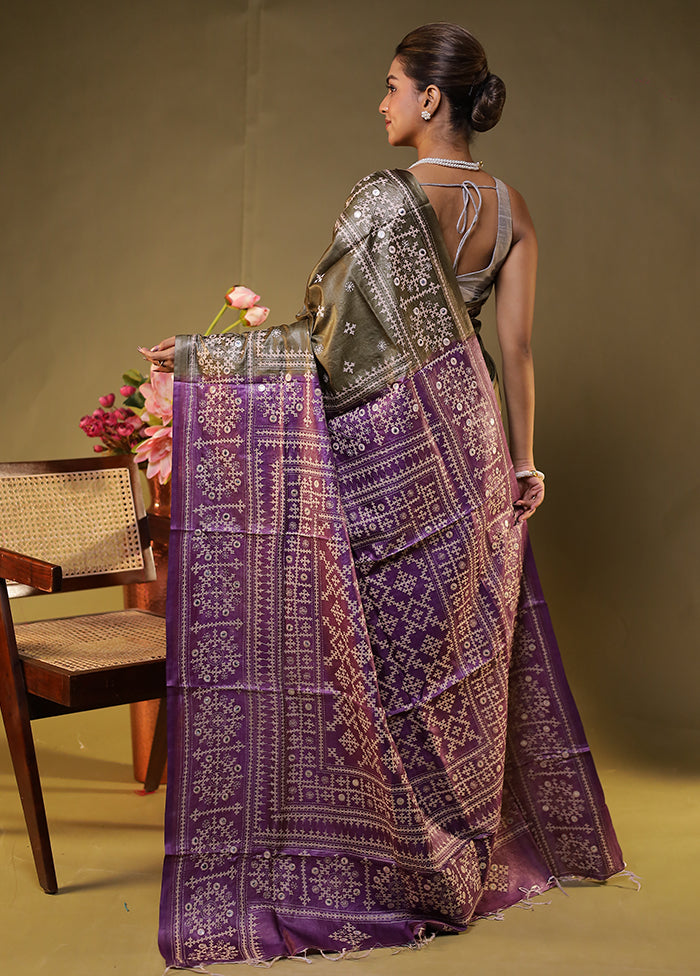 Purple Handloom Kantha Stitch Pure Silk Saree With Blouse Piece
