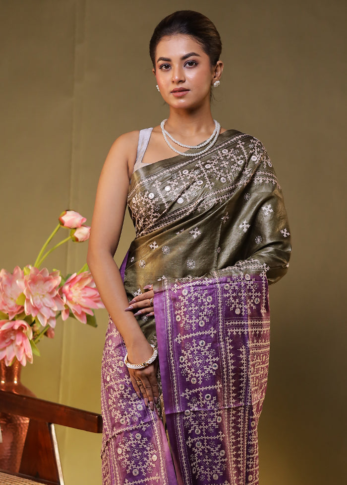 Purple Handloom Kantha Stitch Pure Silk Saree With Blouse Piece