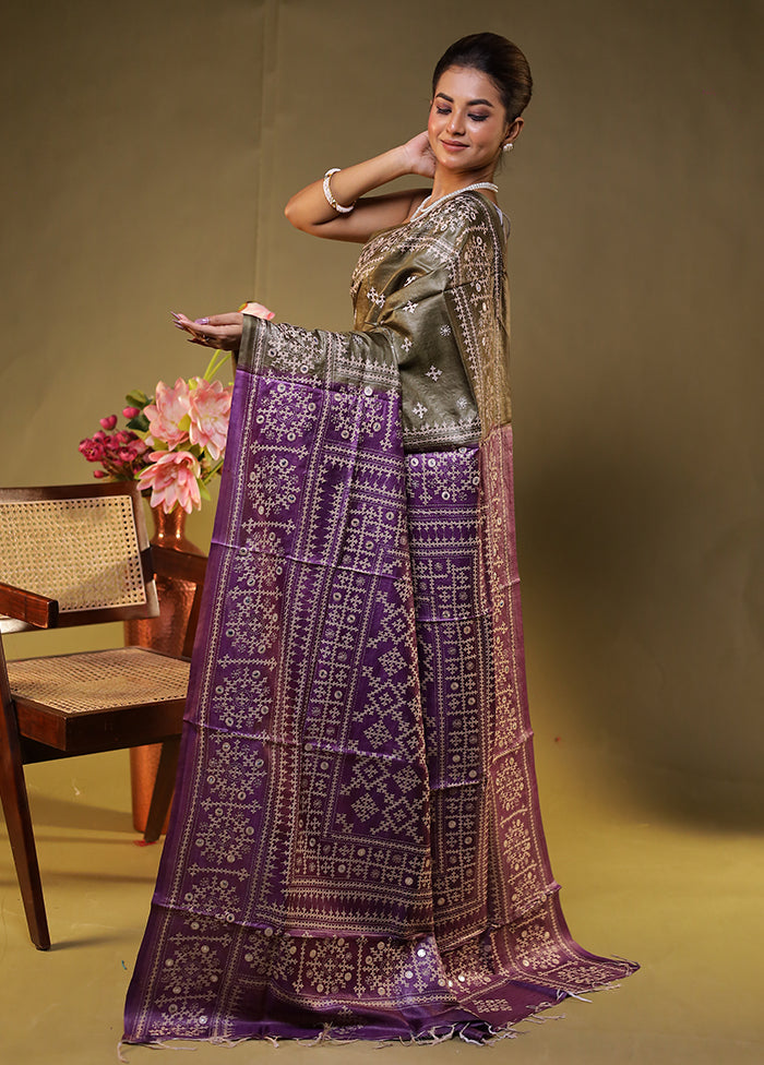 Purple Handloom Kantha Stitch Pure Silk Saree With Blouse Piece