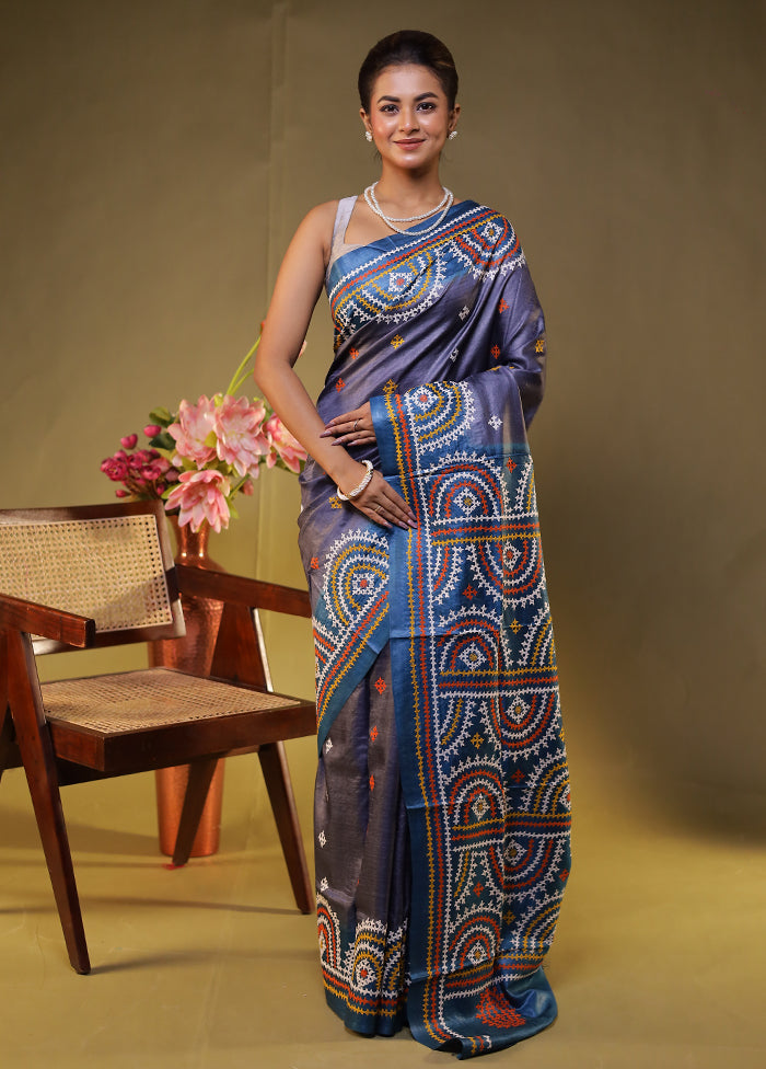 Blue Handloom Kantha Stitch Pure Silk Saree With Blouse Piece