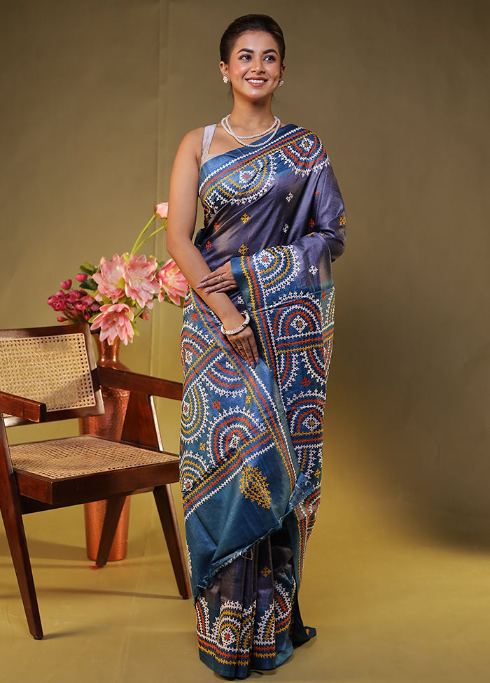 Blue Handloom Kantha Stitch Pure Silk Saree With Blouse Piece