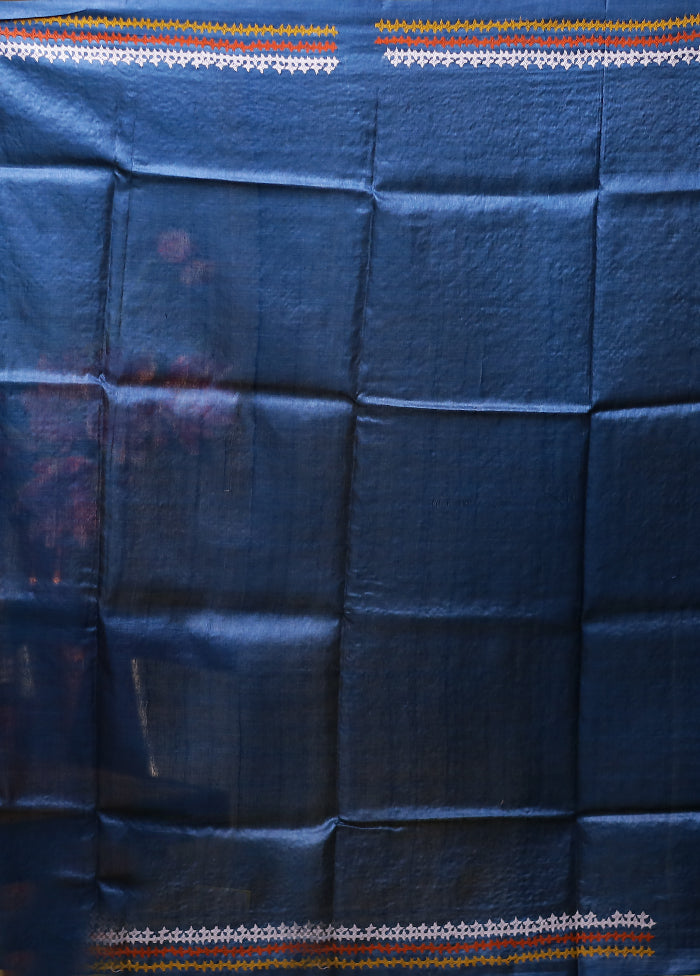 Blue Handloom Kantha Stitch Pure Silk Saree With Blouse Piece