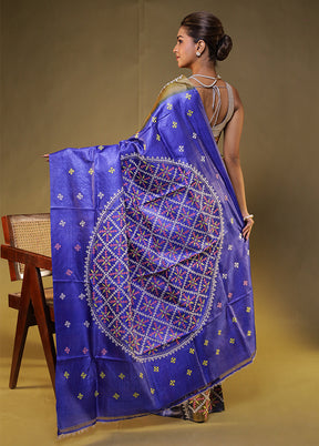 Blue Handloom Kantha Stitch Pure Silk Saree With Blouse Piece