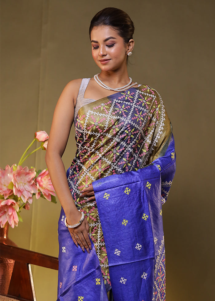 Blue Handloom Kantha Stitch Pure Silk Saree With Blouse Piece