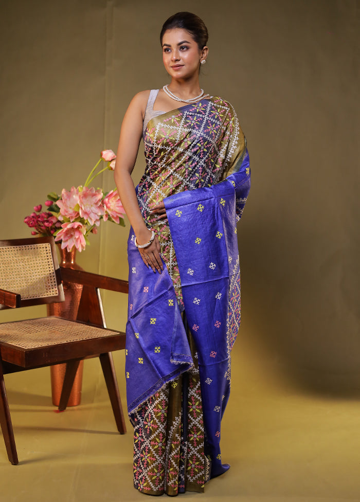 Blue Handloom Kantha Stitch Pure Silk Saree With Blouse Piece