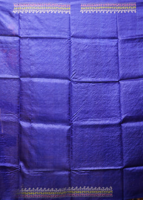 Blue Handloom Kantha Stitch Pure Silk Saree With Blouse Piece