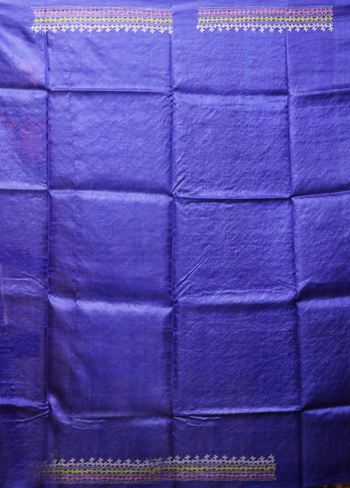 Blue Handloom Kantha Stitch Pure Silk Saree With Blouse Piece