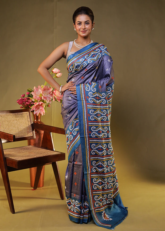 Blue Handloom Kantha Stitch Pure Silk Saree With Blouse Piece