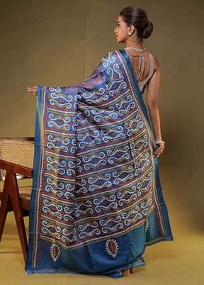 Blue Handloom Kantha Stitch Pure Silk Saree With Blouse Piece