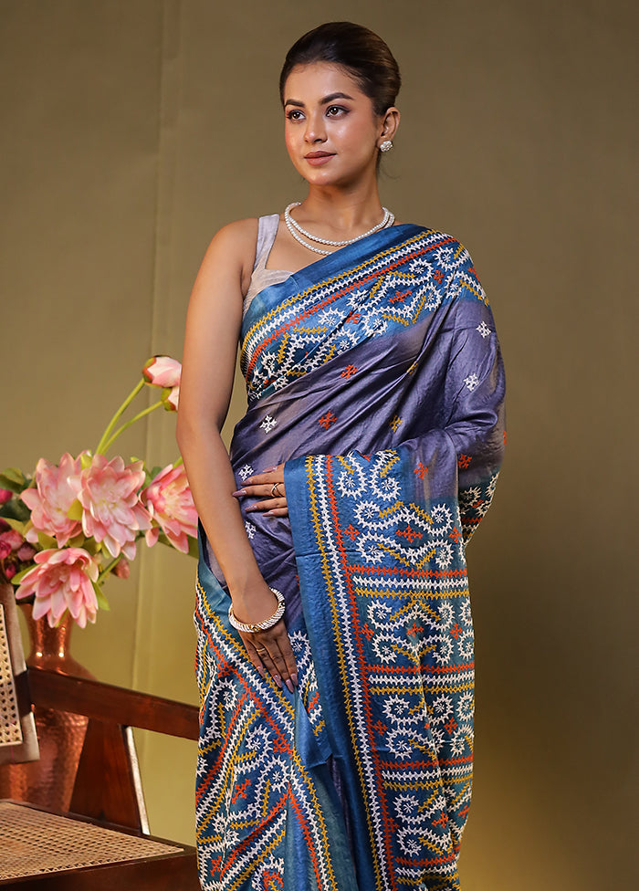 Blue Handloom Kantha Stitch Pure Silk Saree With Blouse Piece