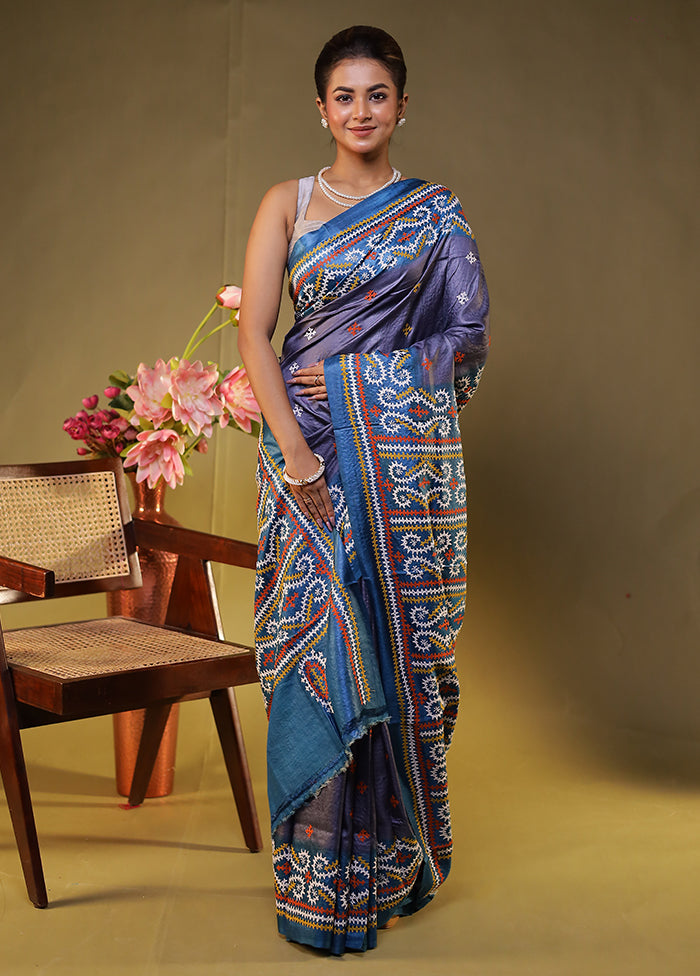 Blue Handloom Kantha Stitch Pure Silk Saree With Blouse Piece