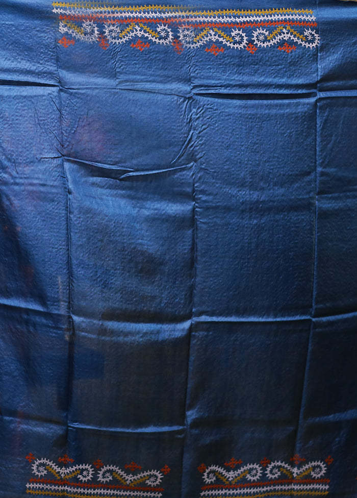 Blue Handloom Kantha Stitch Pure Silk Saree With Blouse Piece