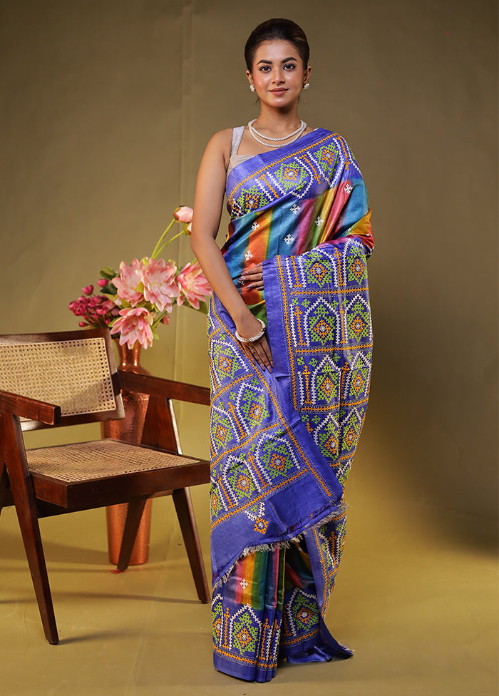 Blue Handloom Kantha Stitch Pure Silk Saree With Blouse Piece